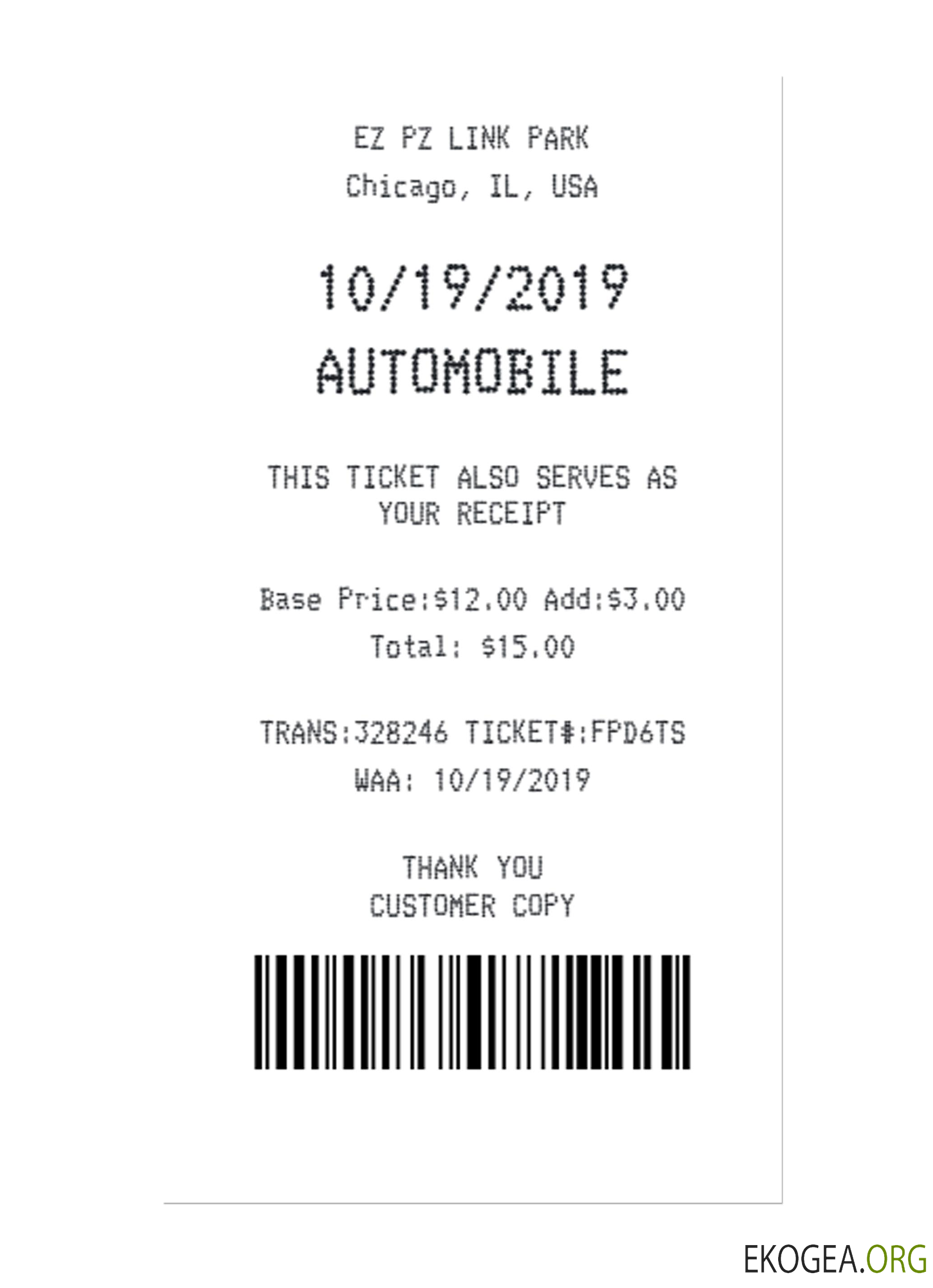 Reçu de PARKING STANDART